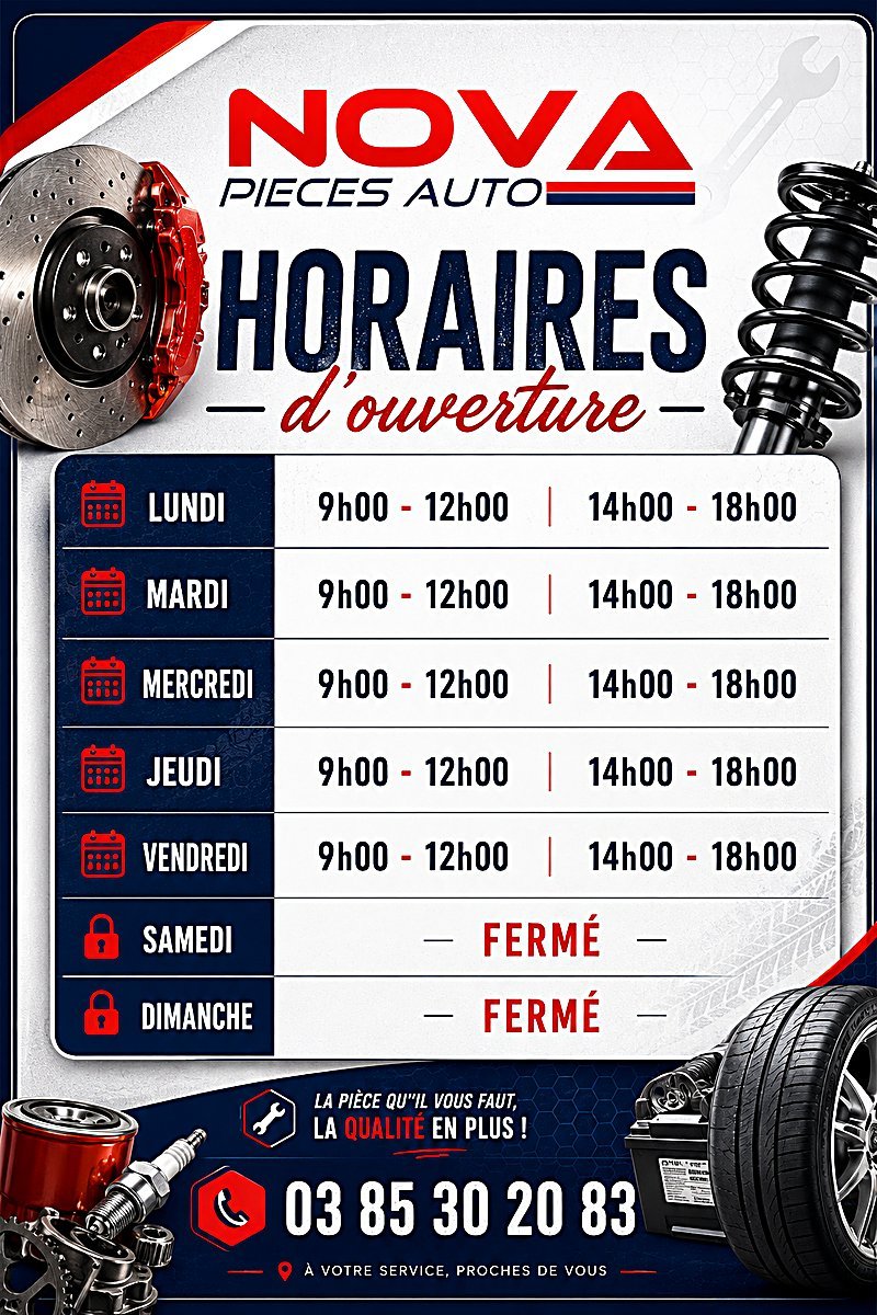Panneau des horaires d'ouverture NovaPiecesAuto